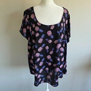 TORRID Blouse Top Tropical Pineapple Black Scoop Neck Button Back Plus Size 2 2X